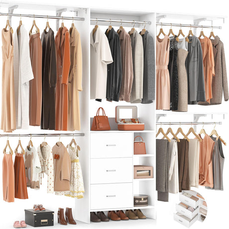 Aheaplus Closet System, Closet Organizer with 3 Wooden Drawers, 8FT Closet Organizer System, 96’’ Walk-in Closet Wardrobe Clothes Rack with Hanging Rods, Garment Rack, Fits 5.3-9 ft, -W3,White Aheaplus