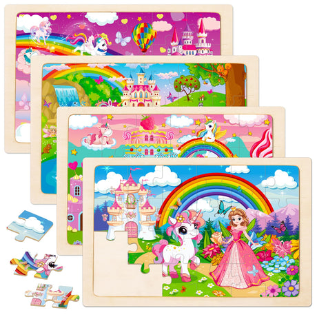 Puzzles for Kids Ages 4-6,Unicorn Princess Wooden Jigsaw Puzzles 4 Packs Puzzles for Kids Ages 3-5,24 Pcs Educational Preschool Toddler Puzzle,Unicorn Toys Gifts for 3 4 5 6 Years Old Girls Boys Sticeard
