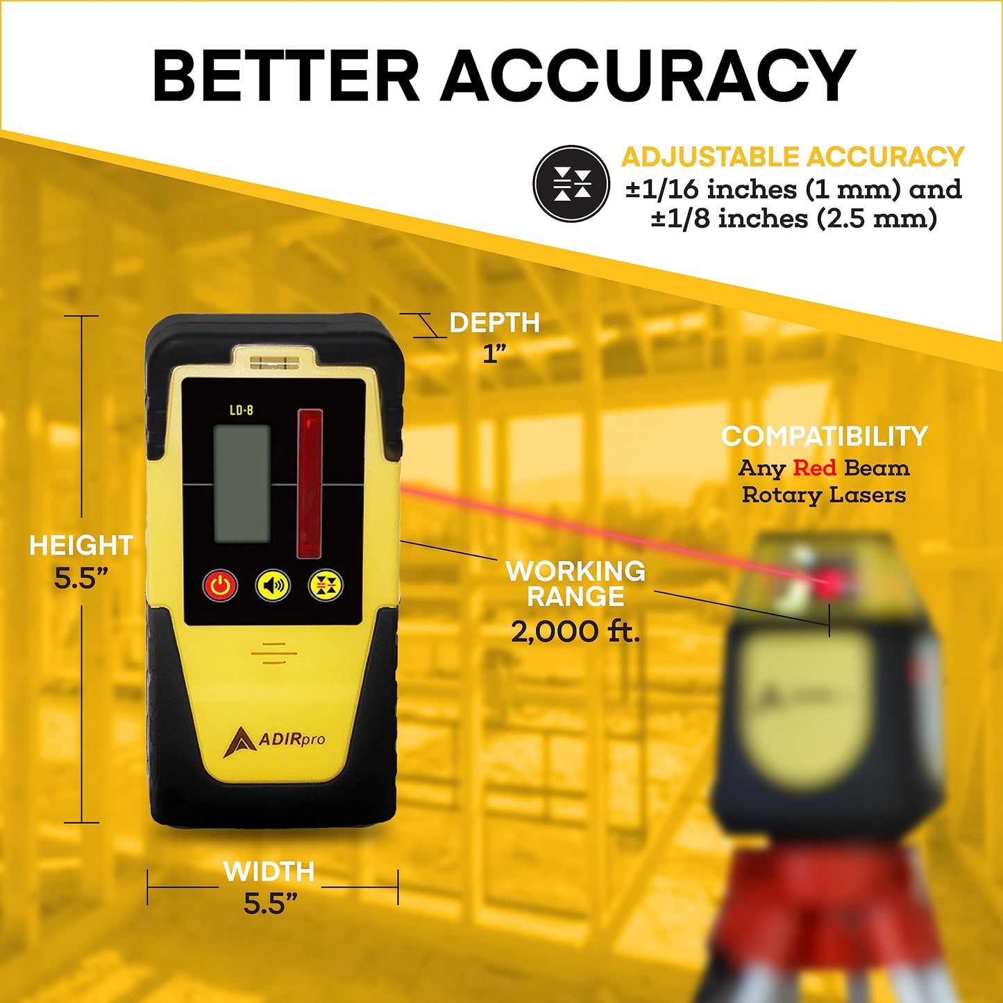 AdirPro Universal Rotary Laser Detector (LD-8) - Digital Rotary Laser Receiver with Dual Display and Built-In Bubble Level, Compatible with All Red Rotary Lasers - Rod Clamp Included - WoodArtSupply