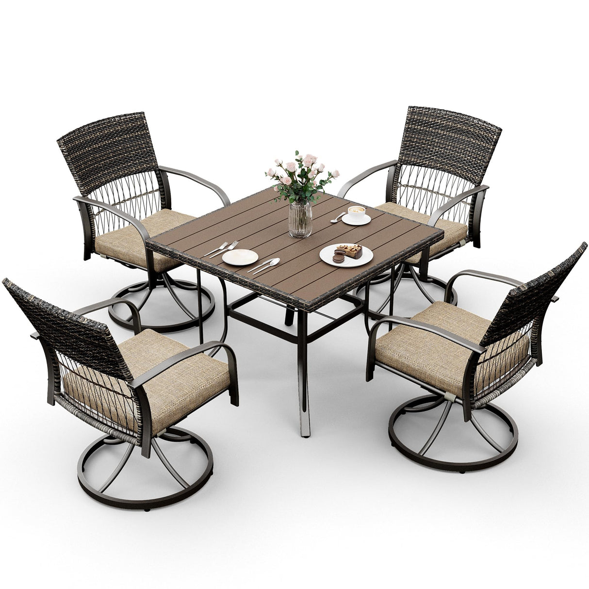 Pamapic 5 Piece Patio Dining Set for 4,Outdoor Wicker Furniture Set for Backyard Garden Deck Poolside with 4 Cushions Swivel Rocker Chairs,Square Plastic-Wood Table Top, Removable Cushions(Beige) Pamapic