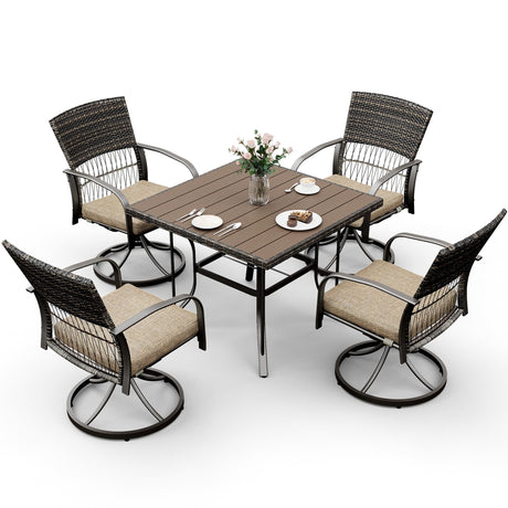 Pamapic 5 Piece Patio Dining Set for 4,Outdoor Wicker Furniture Set for Backyard Garden Deck Poolside with 4 Cushions Swivel Rocker Chairs,Square Plastic-Wood Table Top, Removable Cushions(Beige) Pamapic