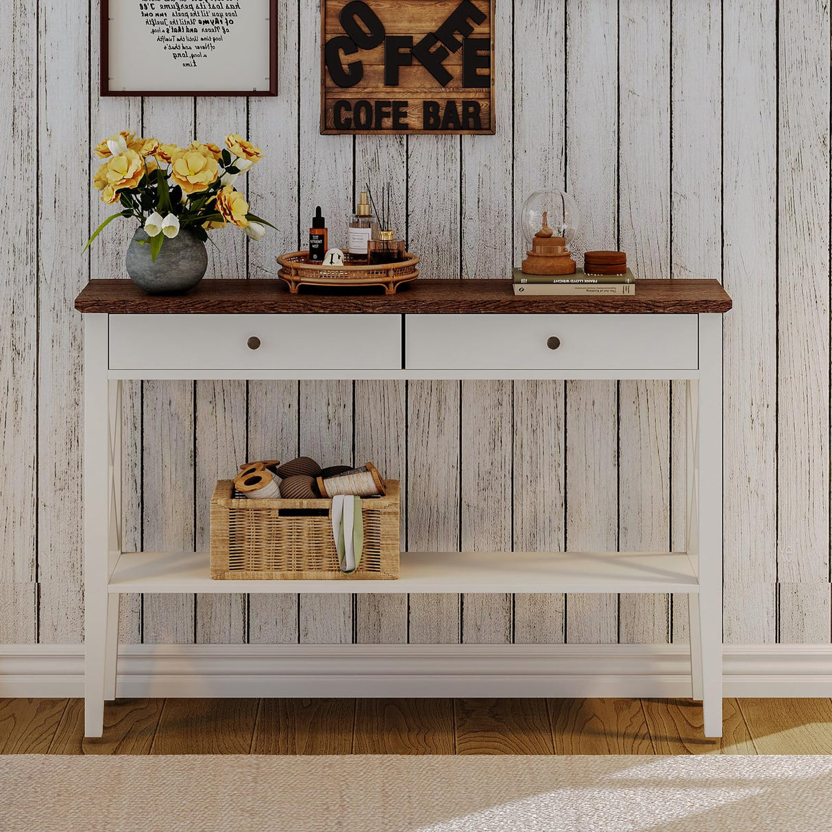 ChooChoo Farmhouse Console Table with Drawers, Narrow Wood Accent Sofa Table Entryway Table with Storage Shelf for Entryway, Front Hall, Hallway, Living Room, Antique White & Brown ChooChoo