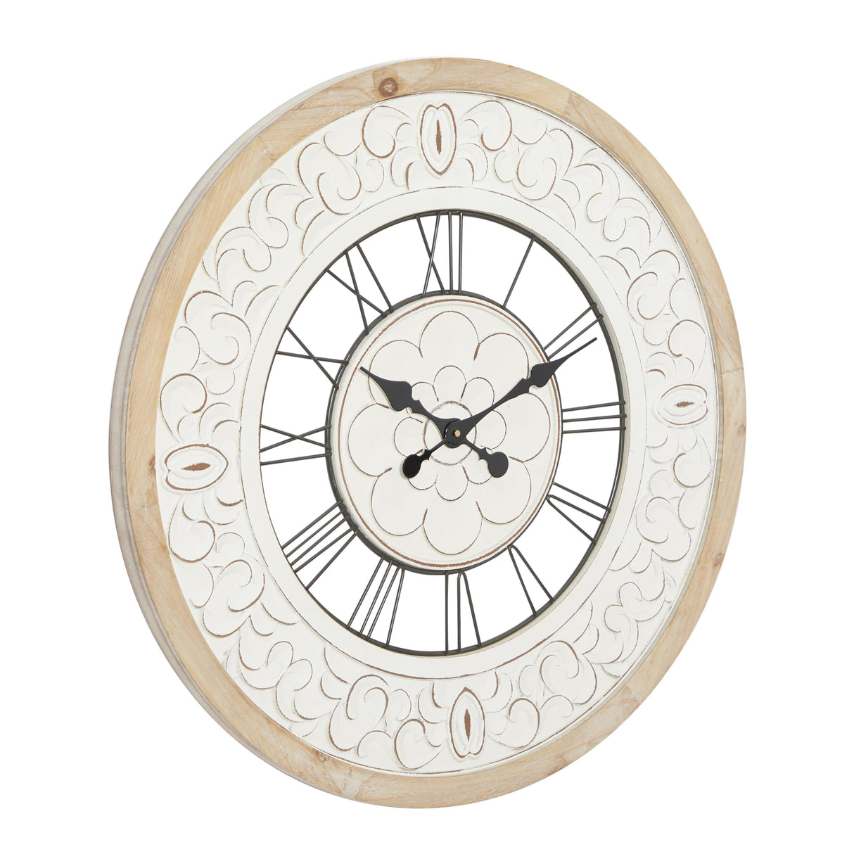 Deco 79 Wooden Floral Decorative Wall Clock Carved Wall Clock for Home with Black Metal Accents, Wall Clock for Room 32" x 2" x 32", White Deco 79