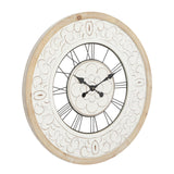 Deco 79 Wooden Floral Decorative Wall Clock Carved Wall Clock for Home with Black Metal Accents, Wall Clock for Room 32" x 2" x 32", White Deco 79