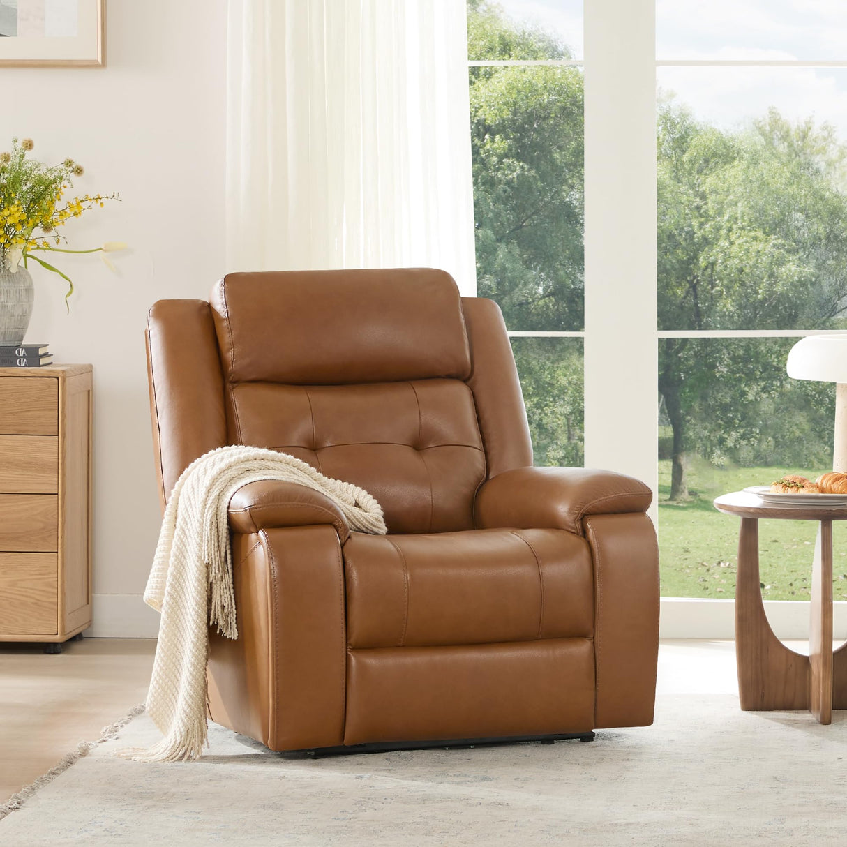 Watson & Whitely Genuine Leather Power Recliner Chair for Adults, Wall Hugger Recliner with Power Headrest, Cup Holders & Charging Ports, Electric Reclining Chairs for Living Room, RV, Saddle Brown Watson & Whitely