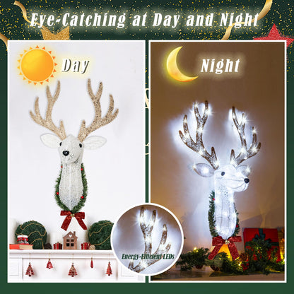 Christmas Wall Decor Reindeer Head with Clear 60 Count Lights，3D Rudolph Hanging Wreath with Battery Operated, 8 Modes & Timer, Light Up for Xmas Holiday Christmas Décor