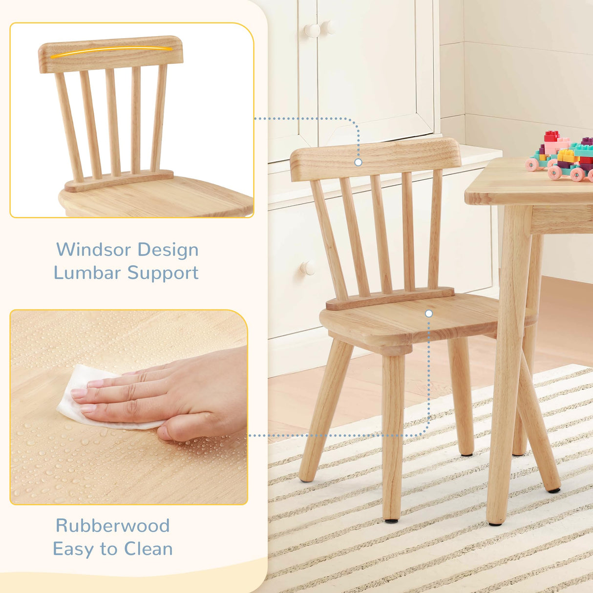 Curipeer Windsor Kids Table and 2 Chair Set, Rubberwood Toddler Table and Chair Set for Art, Play, Craft, Activity, Children Table with Non-Slip Legs/Round Edge Design, Natural Wood Curipeer