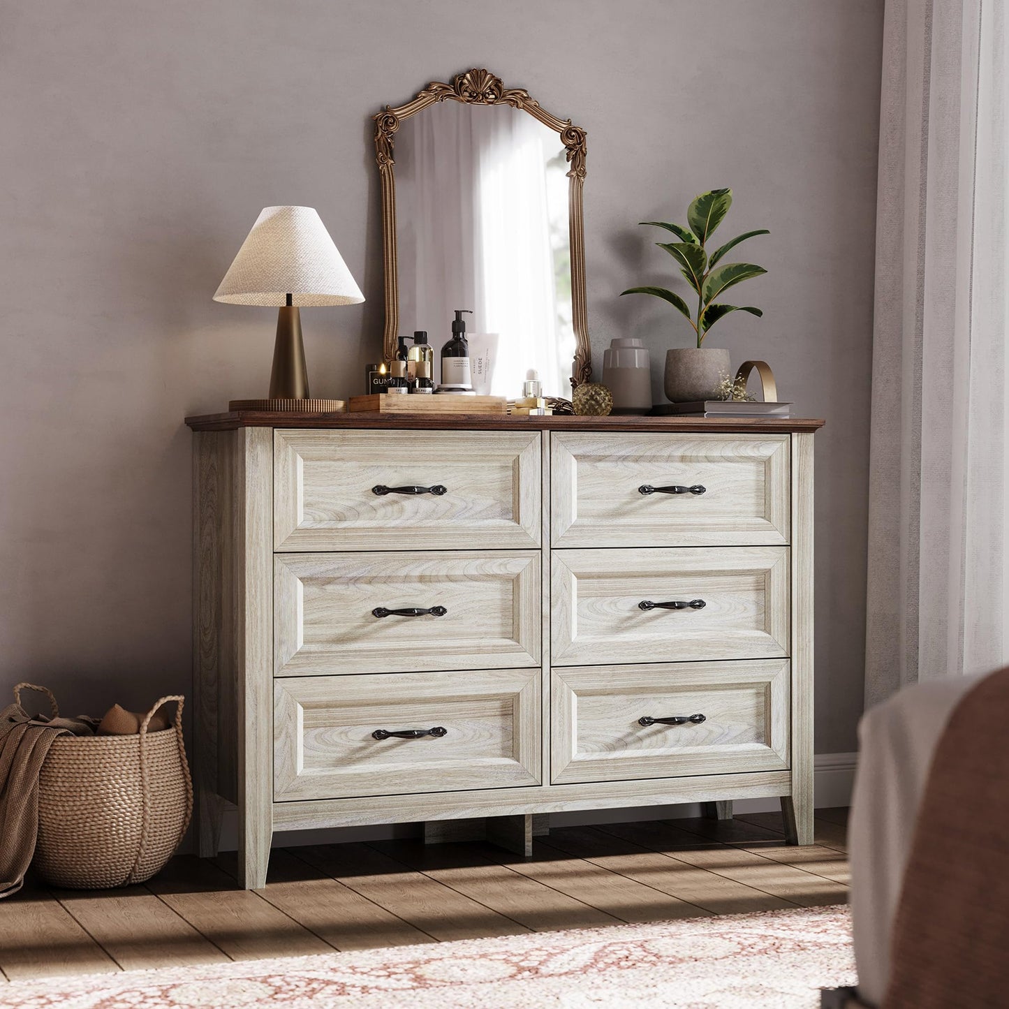 LINSY HOME Farmhouse 6 Drawers Dresser, White Wood Dresser for Bedroom Wide Chest of Drawers, French Country Storage Double Dressers Organizer for Bedroom, Living Room - WoodArtSupply