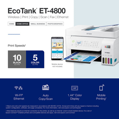 Epson EcoTank ET-4800 Wireless All-in-One Cartridge-Free Supertank Printer with Scanner, Copier, Fax, ADF and Ethernet – Ideal-for Your Home Office, White