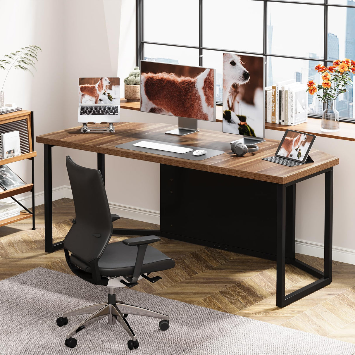 Tribesigns 63 Inch Executive Desk, Large Computer Desk with Privacy Panel, Modern Simple Style Home and Office Desk, Gaming Desk Writing Table Study Desk Business Furniture, Brown and Black Tribesigns