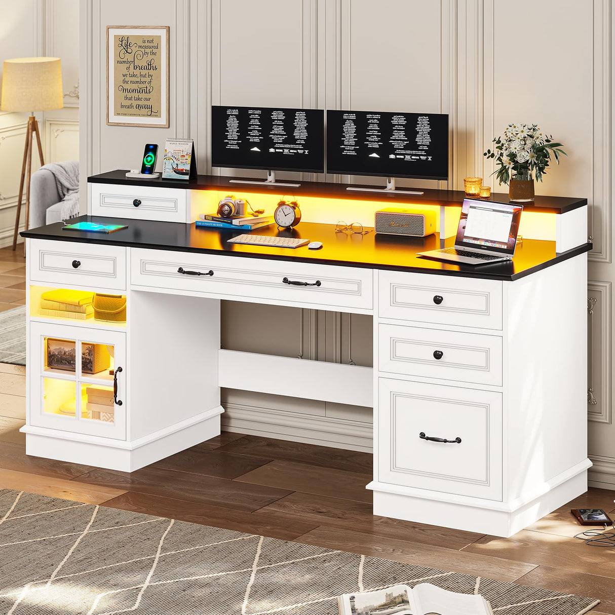 BTHFST Executive Desk with File Drawer, Computer Desk with Monitor Stand, Home Office Desk with Drawers & Storage Cabinet, Writing Desk with Charging Station & LED Lights, White BTHFST