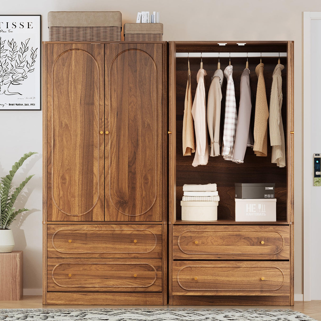 Fluted Freestanding Armoire Wardrobe Closet with 2 Doors and 2 Storage Drawers, Large Capacity Wardrobe Cabinet, Wooden Closet for Bedroom, Living Room - Walnut ORRD