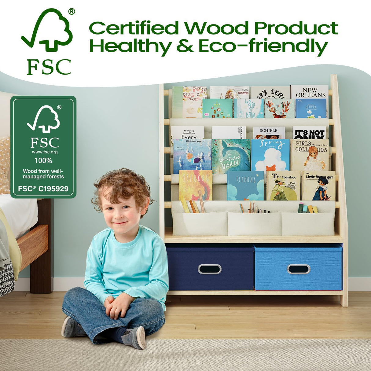 EXPERLAM 4 Tier Kids Book Shelf, Wooden Kids Book Rack Storage Bookshelf with Toy Storage Organizer, Toddler Sling Bookshelf for Boys, Girls, Kids Room, Blue EXPERLAM