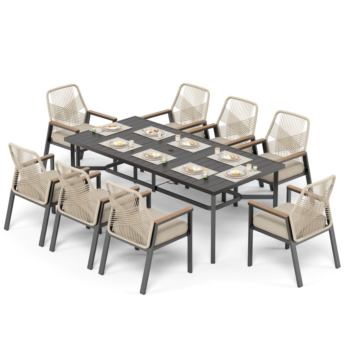 9 Pieces Patio Dining Set, 8 x Woven Rattan Chairs with Waterproof Cushion, 83" Rectangular Metal Dining Table with Umbrella Hole, Outdoor Table and Chairs Set for Backyard Lawn and Deck, Beige SUNSHINE VALLEY