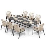 9 Pieces Patio Dining Set, 8 x Woven Rattan Chairs with Waterproof Cushion, 83" Rectangular Metal Dining Table with Umbrella Hole, Outdoor Table and Chairs Set for Backyard Lawn and Deck, Beige SUNSHINE VALLEY