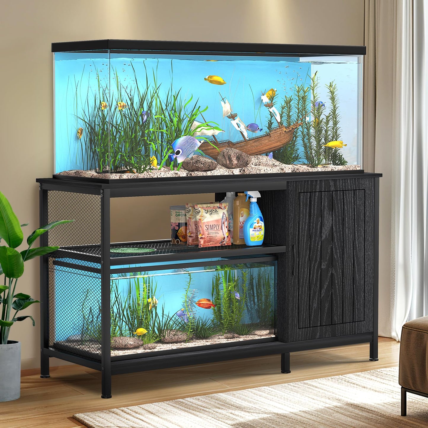 Tatub 55-90 Gallon Fish Tank Stand Large Aquarium Stand with Accessories Storage, Heavy Duty Metal Fish Tank Cabinet Suitable for Turtle Tank, Reptile Terrarium Stand, 1000LBS Capacity, Black - WoodArtSupply