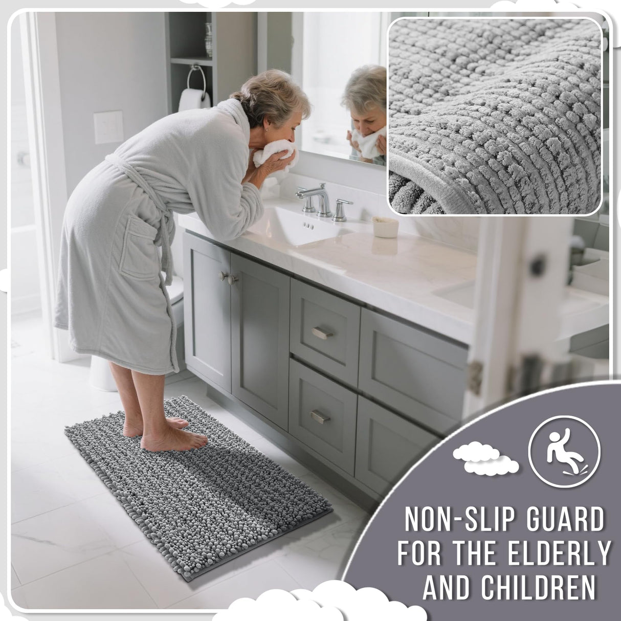 Yimobra Bathroom Rugs Non Slip Washable - Ultra Soft Absorbent Chenille Bath Mat, Quick Dry Shaggy Floor Carpet for Tub Shower, Gray Home Decor Accessories, 24x17 Inch Yimobra