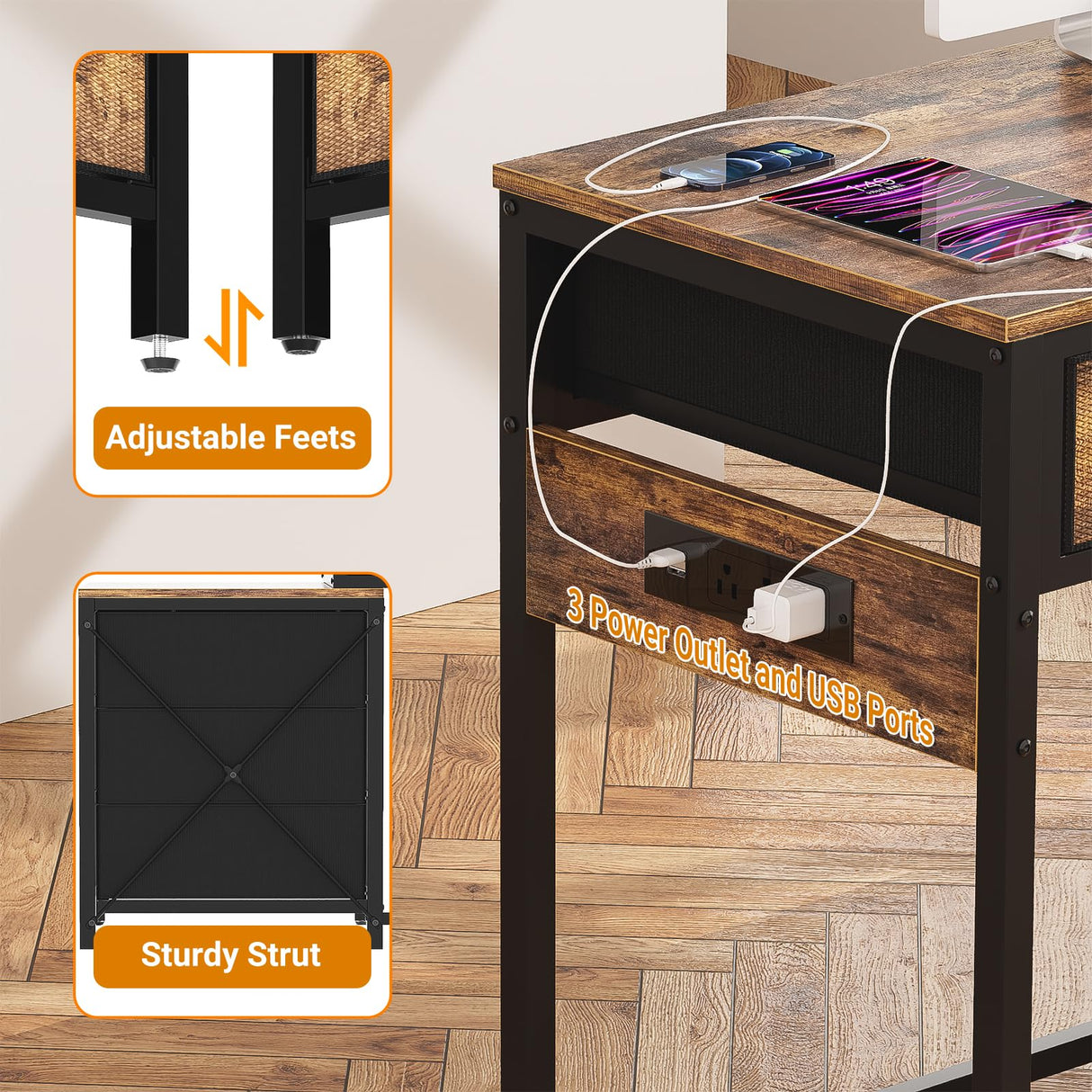 Unikito Computer Desk with 5 Drawers, Reversible Home Office Desk with Power Outlets, Sturdy Writing Desk with File Cabinet and Printer Stand, Vanity Desk with Storage for Small Space, Rustic Brown Unikito