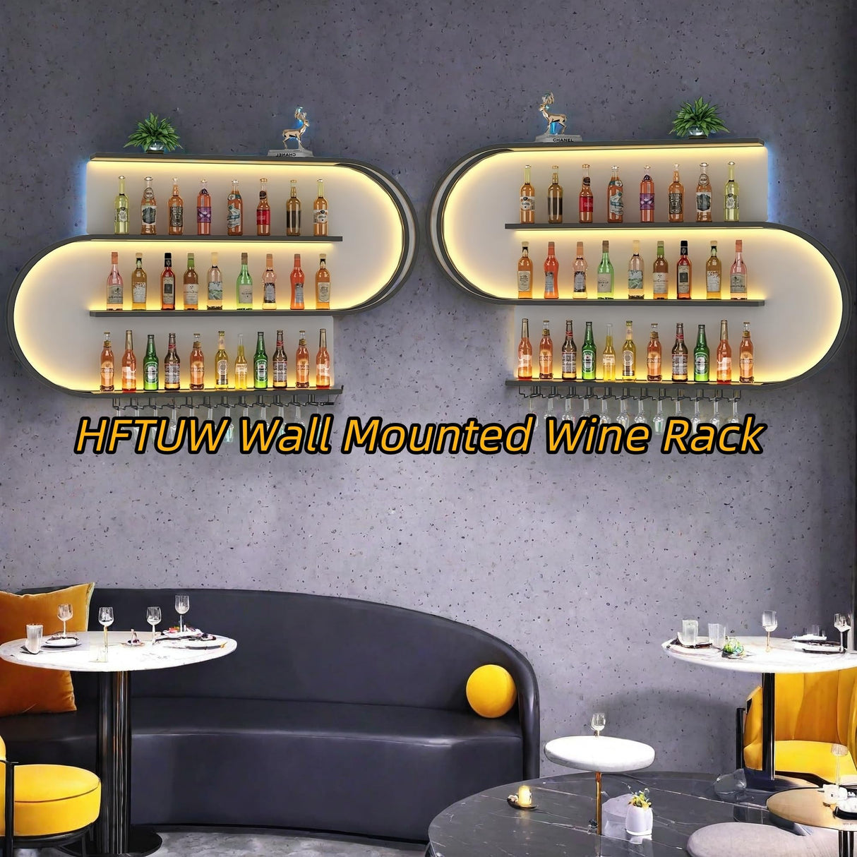 HFTUW 71 Inch Wall-Mounted Wine Rack with Led Light, 4-Tier Half Round Bar Shelves, Industrial Metal Display Storage Shelf & Wine Glass Hooks for Home Bar, Dining Room(Black-Yellow Led, 71in/180cm) HFTUW