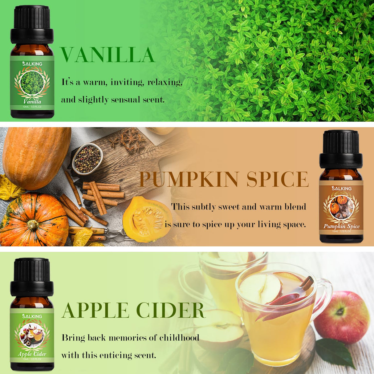 SALKING Autumn Fragrance Oils, Premium Fall Essential Oils for Diffuser, Scented Oils Gift Set for Soap Candle Making Scents - Cinnamon, Pumpkin Spice, Apple Cider, Vanilla, Forest Pine, Snickerdoodle SALKING