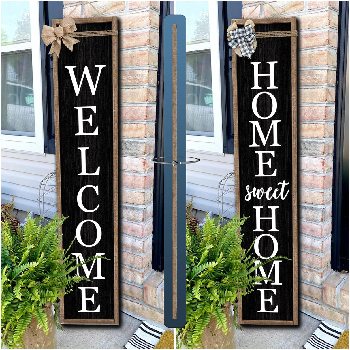 Outdoor Welcome Sign for Front Porch Standing Large 2 Sided 45"X9" Wooden Frame Tall Vertical Leaner Long Home Sweet Home Front Door Sign for Rustic Outside Farmhouse Modern Decor (Wood Black) Surfapans