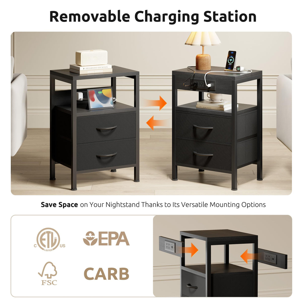 NightStand Bedside Charging Table Bedroom - Night Stand with Charger Station, Modern Nightstand with Open Shelf & 2 Fabric Drawers, Bed Side Table with USB-C USB Ports & AC Outlets for Dorm, Black Lazzanto