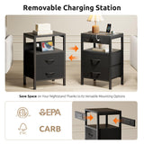 NightStand Bedside Charging Table Bedroom - Night Stand with Charger Station, Modern Nightstand with Open Shelf & 2 Fabric Drawers, Bed Side Table with USB-C USB Ports & AC Outlets for Dorm, Black Lazzanto