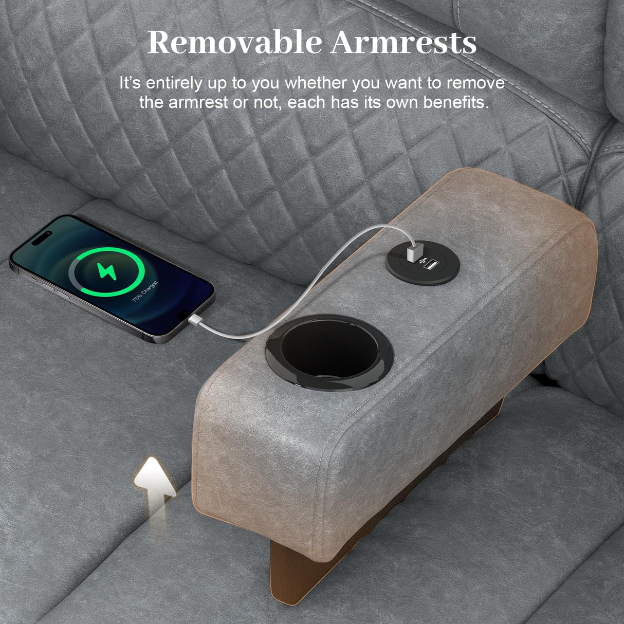 Yolsali Loveseat Recliner Sofa, Manual Reclining Loveseat with Removable Armrest, PU Leather Double Recliner for RV with 2-Tier Cushions, USB Charging Ports, Cup Holders - Gray, PU Yolsali