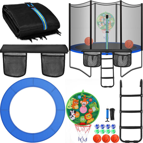 Gemscream Trampoline Accessories Kit, Trampoline Replacement Pad 14ft 6 Poles Safety Net 3 Step Ladder and Storage Bag 2 in 1 Basketball Hoop Dartboards (No Poles) Gemscream