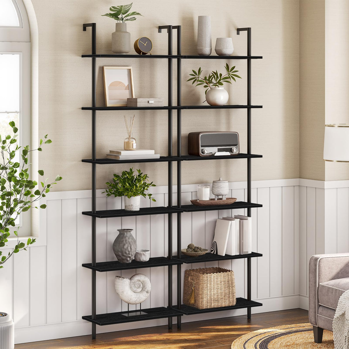 HOOBRO DIY Ladder Shelf, 6-Tier Wall Mounted Bookshelf, Office Vertical Bookcase, Wooden Storage Shelves for Home Office, Bedroom, Black BB65CJ01 HOOBRO