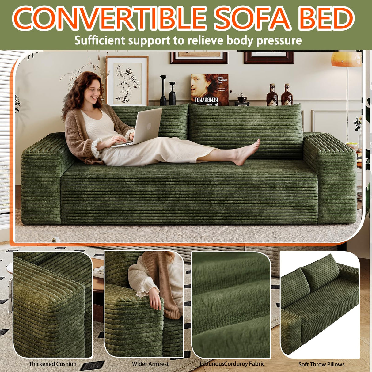 63" Cloud Loveseat Sofa - Boneless Deep Seat 2-Seater, No Assembly Foam Floor Couch, Plush Corduroy Fabric, Modern Living Room Sofa for Small Space Apartment, Bedroom, Office (Green, 63") Klwenas Maec