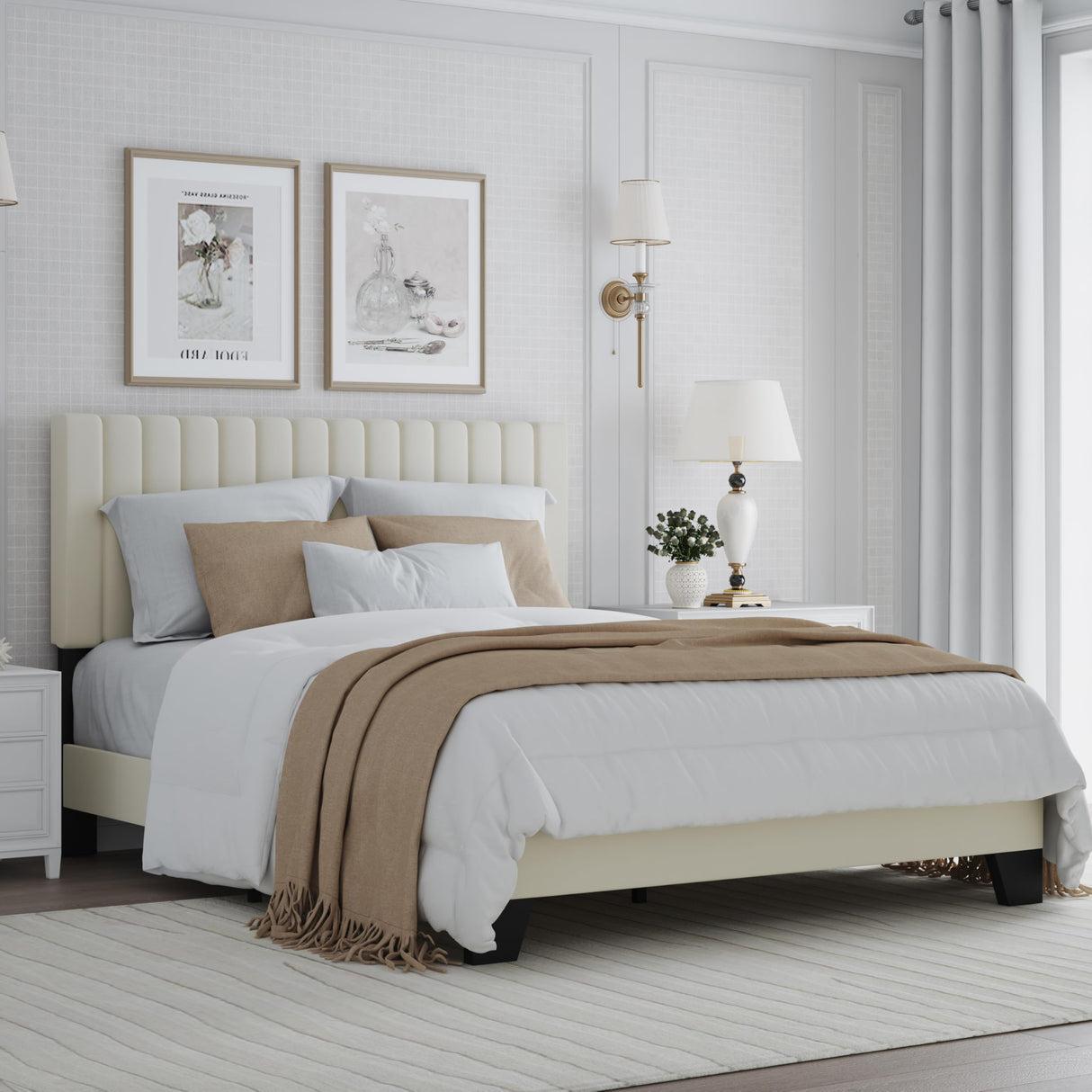 ZZBINUS Full Size Bed Frame with Adjustable Tufted Headboard – Velvet Upholstered Platform Bed, Sturdy Frame & Slats, No Box Spring Needed, Noise-Free, Easy Assembly (Beige, Full) ZZBINUS