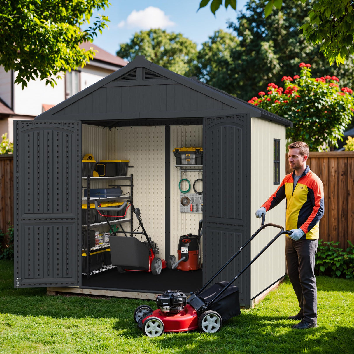 Greesum 8×6 FT Plastic Outdoor Storage Shed with Floor, Resin Sheds with Window and Lockable Door, Weather Resistant Organization for Garden, Lawn, Pool Supplies, Beige Greesum