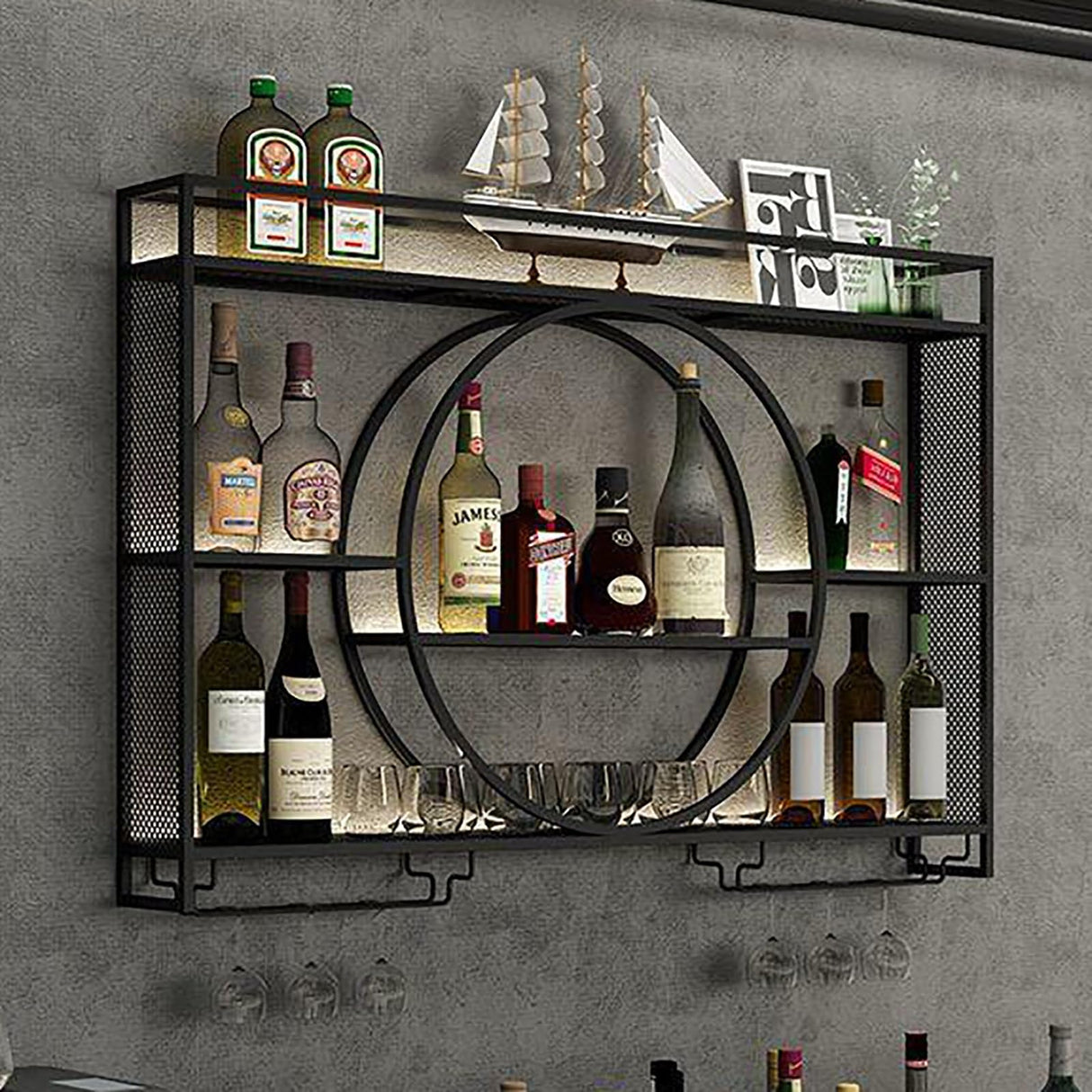 Wall Mounted Led Wine Rack Wine Glass Rack, Bar Unit Metal Floating Shelves, Bar Bottle Display Shelf Wine Cups Hanging Holder, Hanging Goblet For Liquor Bottles, For Kitchen Living Room Home Decor Qxgylz