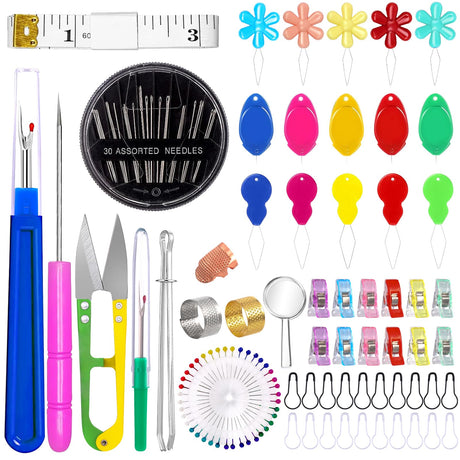 Vellibring Needle Threaders Kit with Needle Threader Hand Sewing Set Including Assorted Needles Thread Ripper Snips Thimbles Tape Measure Tailor's Awl Magnifying Glass Clips for Beginners Experts Vellibring