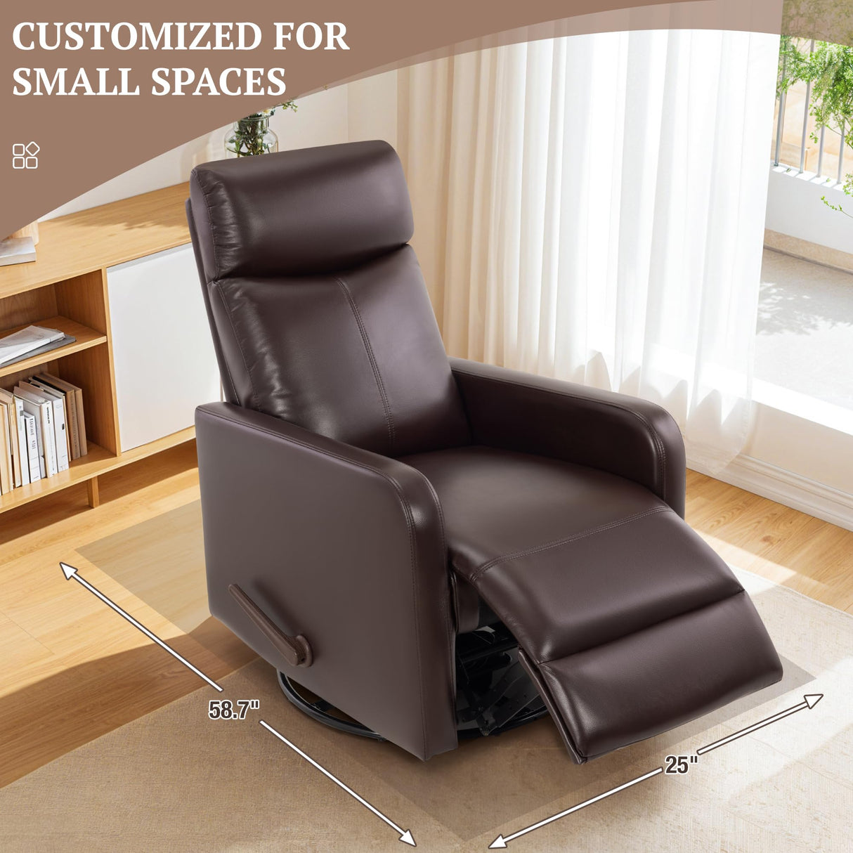 Neioml Swivel Rocking Recliner Chair for Small Space, Manual Swivel Glider Recliner for Nursery,RV,Rocking Recliner with Footrest and Side Pocket,Breathable Leather,Dark Brown Neioml