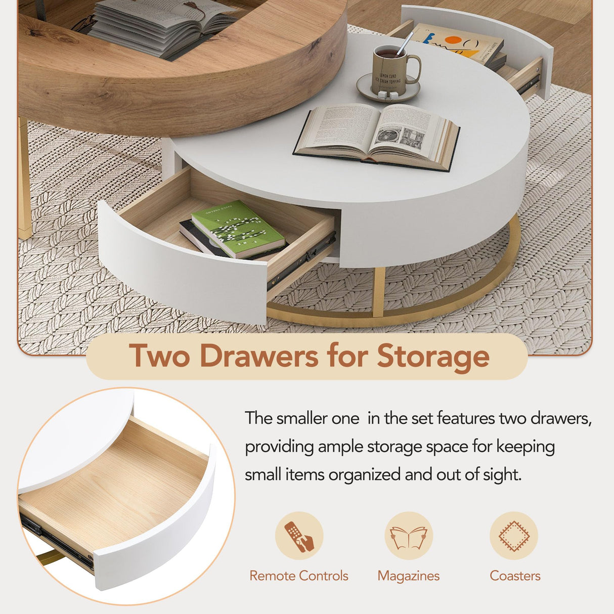 Modern Round Lift-top Nesting Coffee Tables with 2 Drawers for Living Room White & Natural Flieks