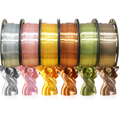 MIKA3D 6 Spools 1.75mm Silk PLA 3D Printer Filament Bundle, 6 Metallic Shiny Colors: Gold/Silver/Copper/Bronze/Coffee Gold/Rose Gold, Each Spool 250g X 6 Spools, Total 1.5Kg 3D Printer Material