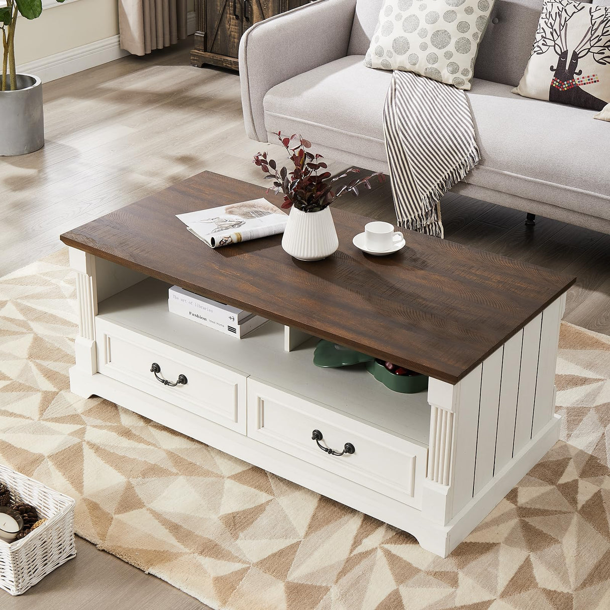 Minifeel 48'' Wood Coffee Table for Living Room, Farmhouse Coffee Table with Storage, Rustic Center Table for Living Room with 4 Drawers, Farmhouse & Industrial Cocktail Table for Home Minifeel