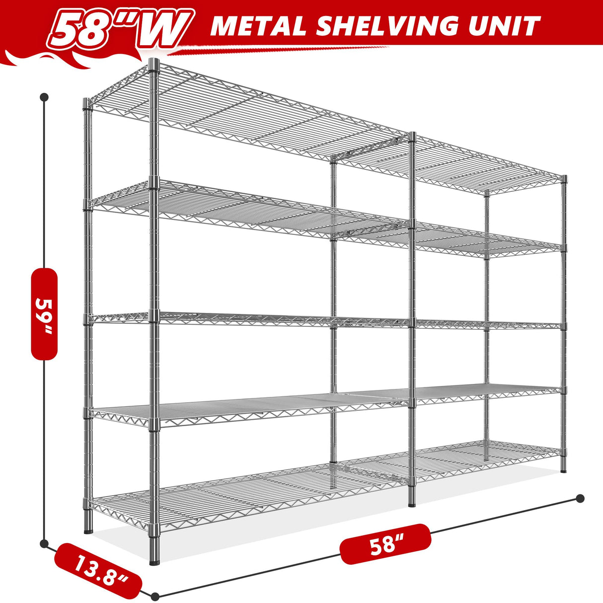 REIBII 58" W Storage Shelves Wire Shelving Load 1400LB Metal Shelves for Storage 5 Tier Heavy Duty Shelving Unit with Shelf Adjustable Garage Shelving Rack Pantry Kitchen 58" W x 59" H x 13.8" D REIBII
