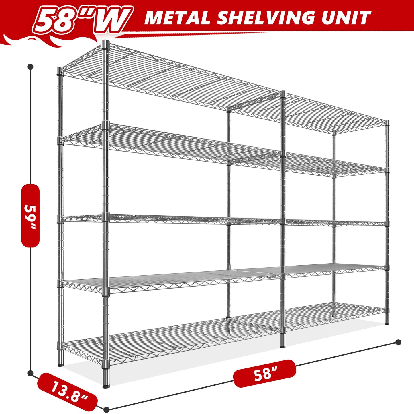 REIBII 58" W Storage Shelves Wire Shelving Load 1400LB Metal Shelves for Storage 5 Tier Heavy Duty Shelving Unit with Shelf Adjustable Garage Shelving Rack Pantry Kitchen 58" W x 59" H x 13.8 - WoodArtSupply