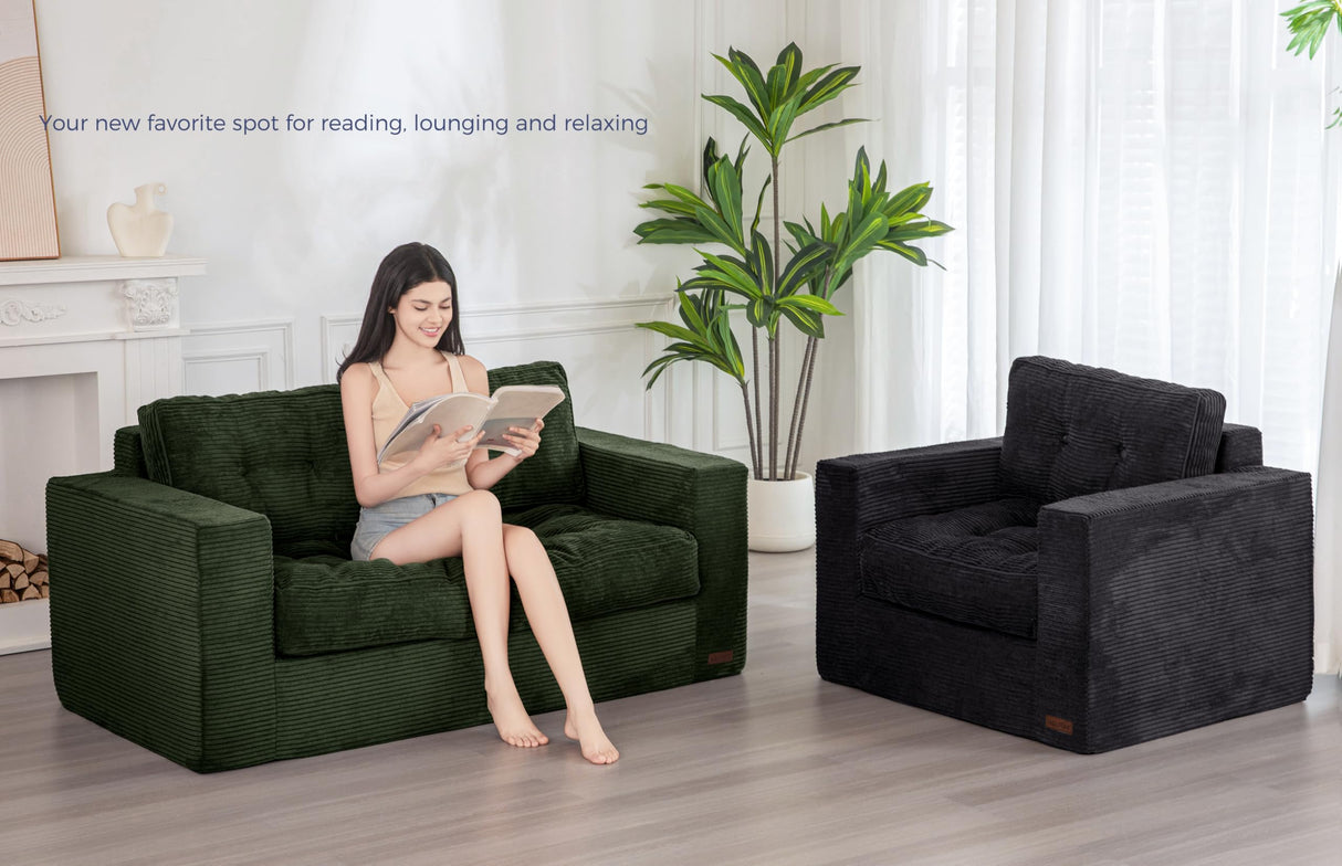 MAXYOYO Bean Bag Chair for Adults, Upholstered Floor Sofa with Armrests, Loveseat Boneless Couch with Tufted Cushion & Backrest, Sofa in A Box, Large Bean Bag Couch for Bedroom Living Room, Green MAXYOYO