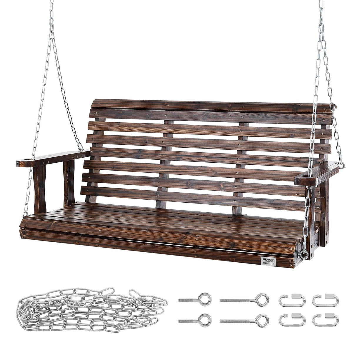 VEVOR Wooden Porch Swing 4.5 ft, Patio bench swing for Courtyard & Garden, Upgraded 880 lbs Strong Load Capacity, Heavy Duty Swing Chair Bench with Hanging Chains for Outdoors, Carbonized Brown VEVOR