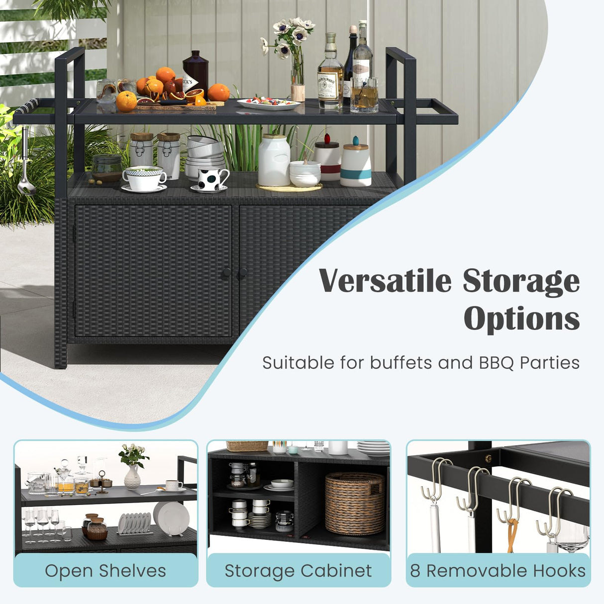 Tangkula Outdoor Bar Cart Table, Patiojoy Rolling Wicker Buffet Wheeled Serving Cart with Tempered Glass Top, Storage Cabinet & 8 Hooks, for Porch Backyard Garden Poolside (Black) Tangkula