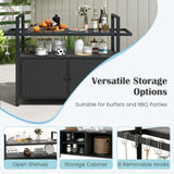 Tangkula Outdoor Bar Cart Table, Patiojoy Rolling Wicker Buffet Wheeled Serving Cart with Tempered Glass Top, Storage Cabinet & 8 Hooks, for Porch Backyard Garden Poolside (Black) Tangkula