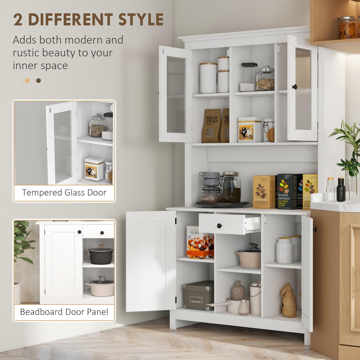 HOMCOM Freestanding Rustic Buffet with Hutch, 4 Door Farmhouse Kitchen Pantry Cabinet, Microwave Stand with Beadboard Panel, Drawer and Adjustable Shelves, White Aosom