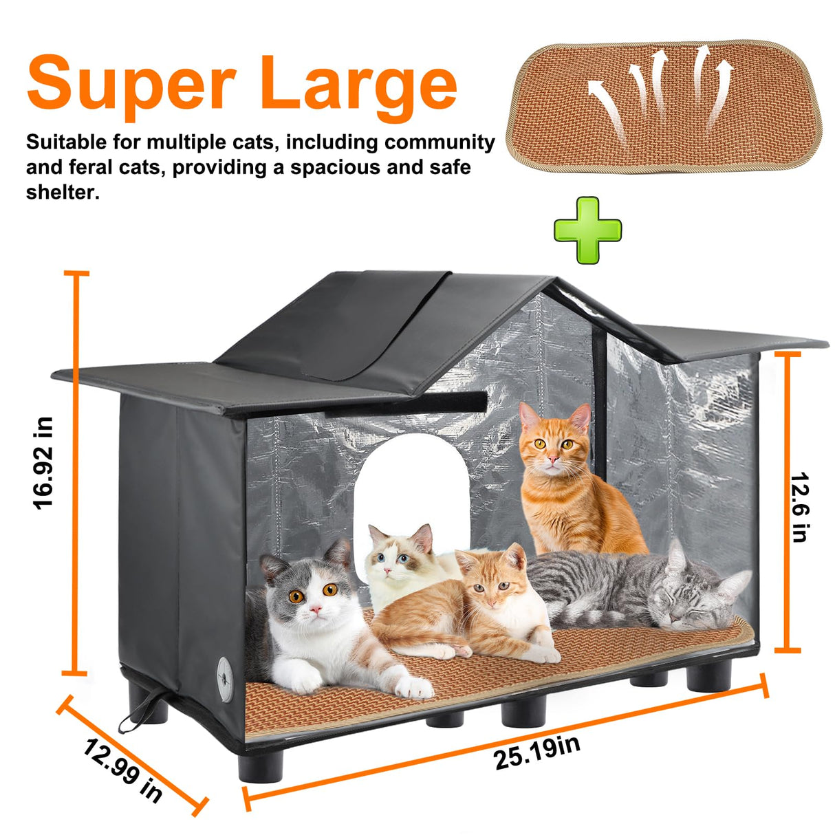 Texsens Large Cat House - Weatherproof Outdoor Cat Shelter with Roof Window- Insulated Elevated House for Stray/Barn Cats with Cozy Cushion - Ideal Waterproof Feral Cat House for Summer Texsens