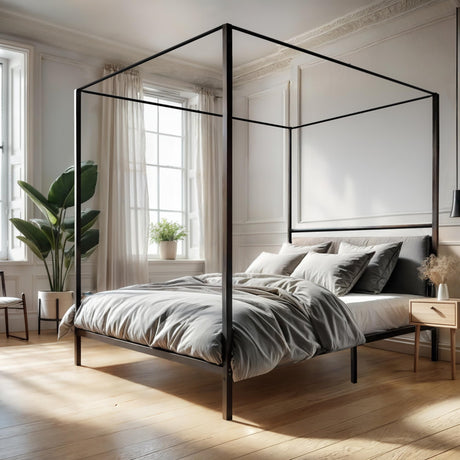 Nouva 14 Inch Metal Canopy Bed Frame Queen Size - Heavy Duty Metal Four Posters Bed Platform w/Headboard No Box Spring Needed, Slat Mattress Support,Noise Free, Black Nouva