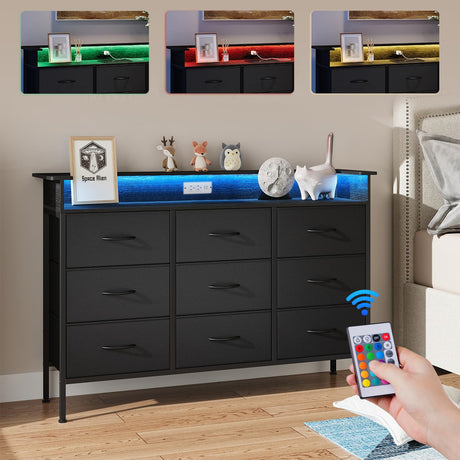 ELYKEN Black Dresser for Bedroom with LED Light & Charging Station, 9 PU Finish Fabric Drawers Dressers & Chest of Drawer with USB Outlet for for Entryway Closet Living Room Hallway ELYKEN