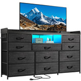 EnHomee Dresser TV Stand with 11 Drawers for 60" TV Stand for Bedroom with LED Lights & Power Outlets Long Dresser for Bedroom with Shelves & 4 Hooks Sturdy Metal Frame & Wood Top, Charcoal Black EnHomee